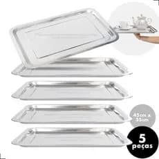 Kit 5 Bandejas Aço Inox Retangular Grande Rasa Restaurante 45x35