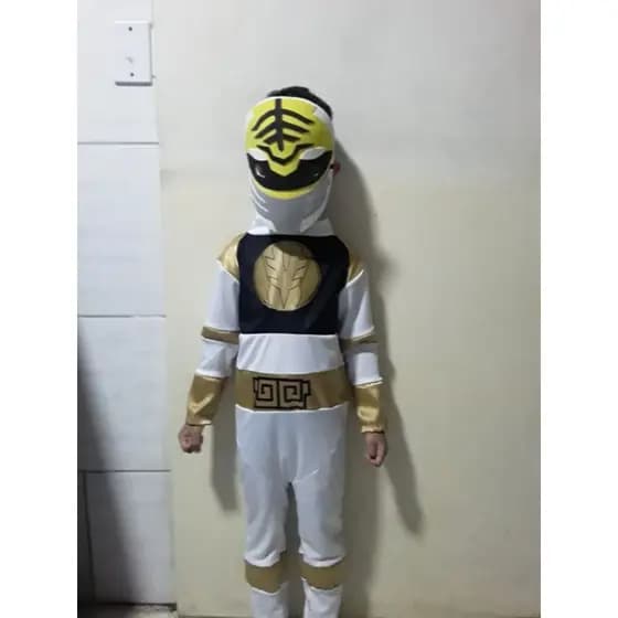 FANTASIA POWER RANGER BRANCO E PRETO, curto e comprimido  + BRINDE MÁSCARA DE EVA