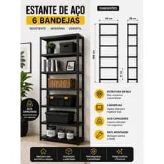 Prateleira De Aço 6 Bandeja Multi-Uso Organiza Livros Ferramentas Escritório Quarto Cozinha Reforçada