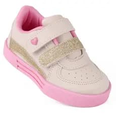 Tênis Infantil Menina Bee Happy Nina Nude e Rosa com Gritter Calce Fácil Velcro Duplo
