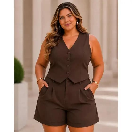 Conjunto Feminino Alfaiataria Plus Size Colete Regata Short