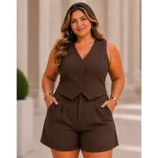 Conjunto Feminino Alfaiataria Plus Size Colete Regata Short