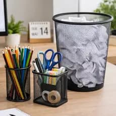 Conjunto Escritório Lixeira 10L Porta Lápis de Metal Porta Lápis Aramado Cesto Home Office Redonda