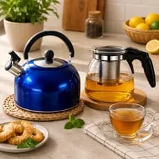 Chaleira 2 Litros + Bule com Infusor 350/950ml Água Chá Café Inox Vidro com Apito