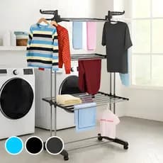 Varal de Chão Vertical Sem Abas Bandejas até 3 Andares Cabideiro Retrátil Cinza Azul Branco Preto