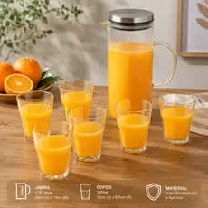 Jarra 1,4 Litros Borossilicato Copos 350ml de Vidro Tampa Hermética Inox Suco Água Geladeira Alça