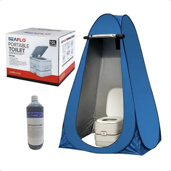 Banheiro Portátil Completo – Barraca Dobrável + Vaso Sanitário 10L + Sanitizante CQM50