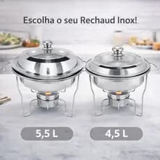 Rechaud Redondo 5,5L ou 4,5L Buffet Aço Inox Banho Maria Tampa Vidro