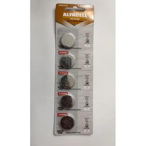 Cartela com 5 Baterias Alfacell 2032 Cartela Cr2032 3v P/ Placa Mãe Relógio, Computador, Balança de cozinha etc