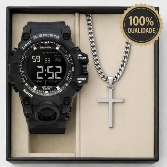 Conjunto relógio masculino Preto C Shok Digital + corrente cruz aço inox Prata