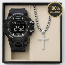 Conjunto relógio masculino Preto C Shok Digital + corrente cruz aço inox Prata