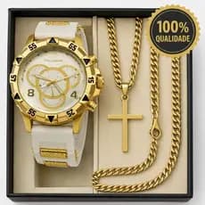 Kit Relógio Masculino + Pulseira Ouro Prata + Colar Cruz Estilo e Elegância