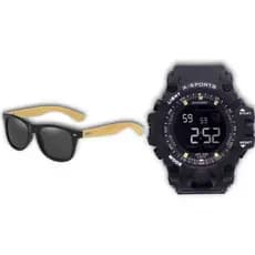 Kit Masculino Relógio Digital Original + Óculos Madeira Para Presentear Pai Namorado Black Friday