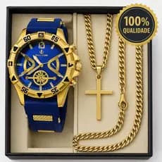 Relógio Masculino A Prova d' Água Banhado a Ouro Original + Colar com Cruz + Pingente + Pulseira