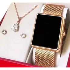 Relógio Feminino original Varias Cores rose preto dourado Led quadrado + Colar e Brinco