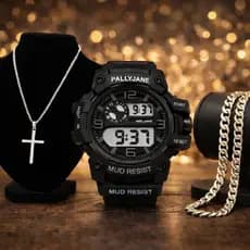 Kit relógio masculino a prova d'água + corrente dourada + pulseira luxo banhada a ouro