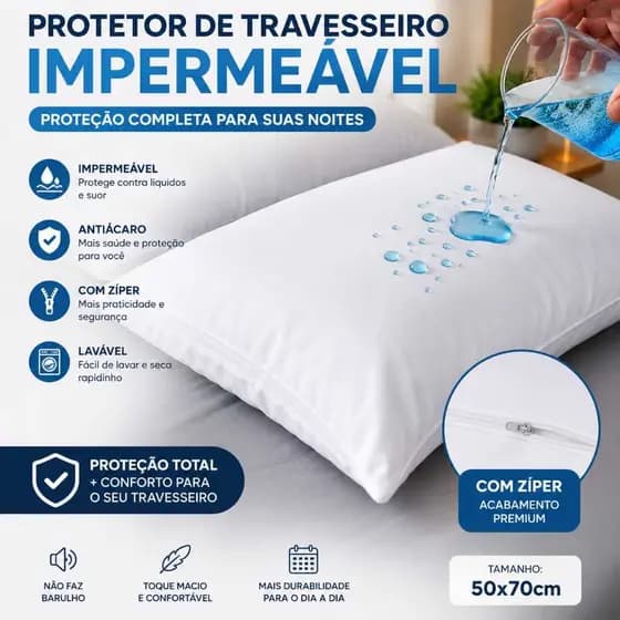 Capa Travesseiro Impermeável com Zíper Antiácaro Protetor de Travesseiro Macio e Durável