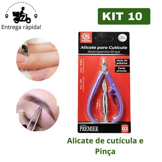 Kit 10 Alicate de Cutícula + Pinça Sobrancelha Profissional Kit Manicure Salão de Beleza MC