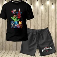 Conjunto Infantil Super Herois Camiseta + Short de Moleton Blusa Leve e Confotável 100% Algodão Camiseta Estampada
