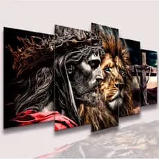 Conjunto de Quadros Decorativos Cristão Mosaico Leão de Judá Alta Resolução Frases de Fé