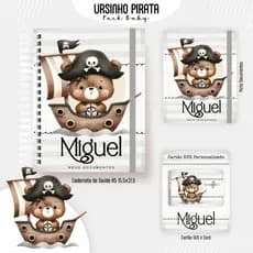 Kit Infantil Nascimento Personalizado Ursinho Pirata (Livro do bebê; cad de vac., portadoc). Cortesia: Cartão do SUS.