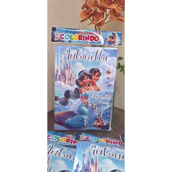 20 unidades de Kit colorir livrinho Jasmine Alladim+ giz + Lapela, já embalados - Lembrancinha - Festa Infantil