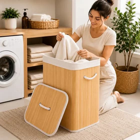 Cesto de Roupa Suja Cesto de Bambu com Tampa e Alças Grande 70L Cabe Muita Roupa Qualidade Premium