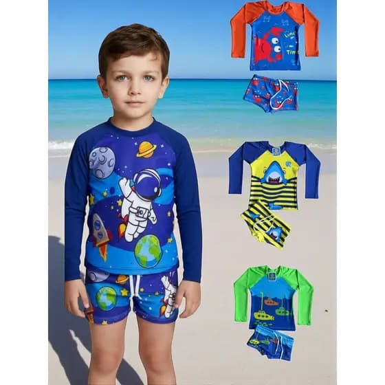 Kit Banho Conjunto Infantil Moda Praia Menino Verão Blusa Camisa Proteção Solar Uv50 Sunga Infantil