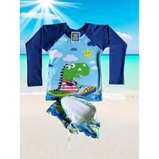 Kit Banho Conjunto Infantil Moda Praia Menino Verão Blusa Camisa Proteção Solar Uv50+ Sunga Dinossau