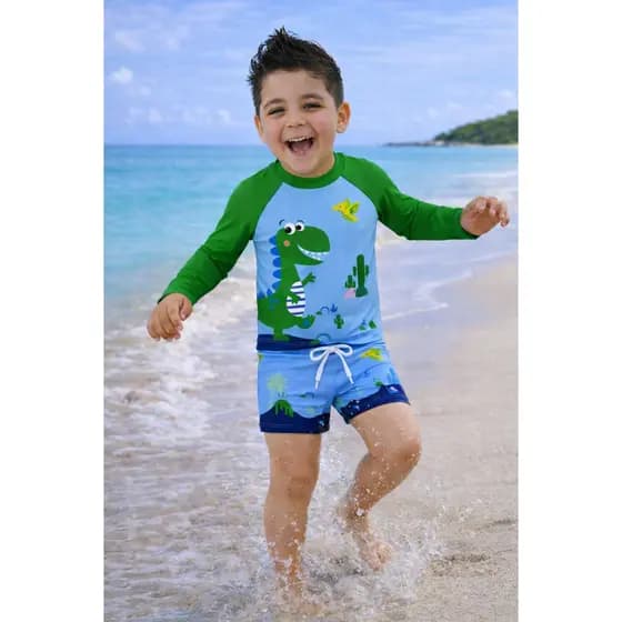 Kit Praia Infantil Menino Proteção UV50+ Roupa Natação Conjunto Blusa Manga Longa e Sunga Poliamida