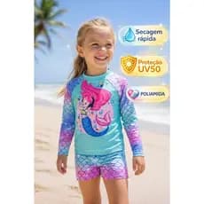 Conjunto Infantil Praia Menina Sereia com Proteção UV50+ Blusa Manga Longa e Shortinho
