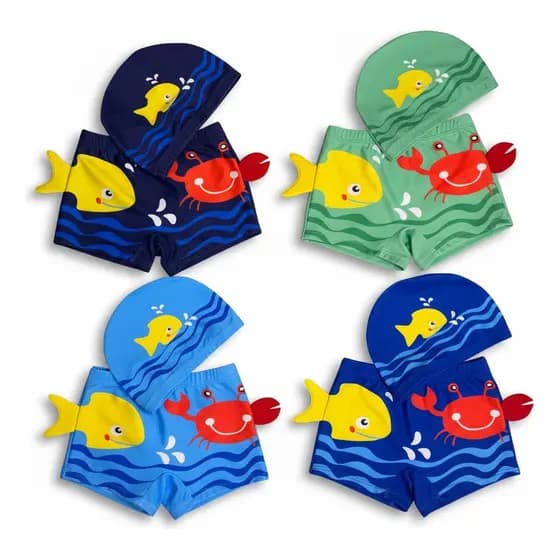 Sunga Boxer Infantil e Bebê Com Touca Natação Moda Praia Menino Piscina Verão