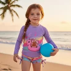Conjunto Praia Menina Proteção Solar UV50+ Blusa Manga Longa e Shortinho Piscina Natação Capivara