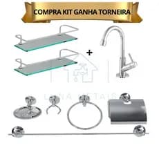 Kit Acessórios para Banheiro Inox 8 Peças + Porta Shampoo Vidro + Torneira Cromada