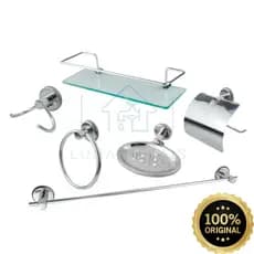 Kit Acessório Para Banheiro Aço Inox 6 Peças Com Porta Shampoo Vidro Retangular