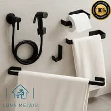 Kit Banheiro Luxo Preto Fosco | Ducha Higiênica + Acessórios Quadrados Inox Preto