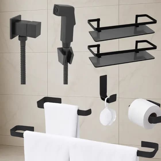 Kit Banheiro Preto Fosco Completo Alumínio + Ducha Higiênica Metal Porta Shampoo Premium