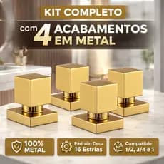 Kit 4 Acabamento para Registro Deca Docol Dourado Quadrado Metal Padrão 1/2 3/4 1 Gaveta Pressão