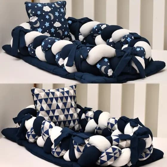 Ninho Redutor de Berço Trança Com Travesseiro Para Bebê Menino Azul Marinho