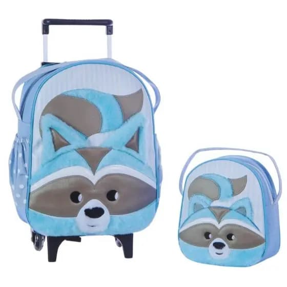 Kit Mochila Lancheira Escolar Meninos Temática Guaxinim Rodinhas Holográfica