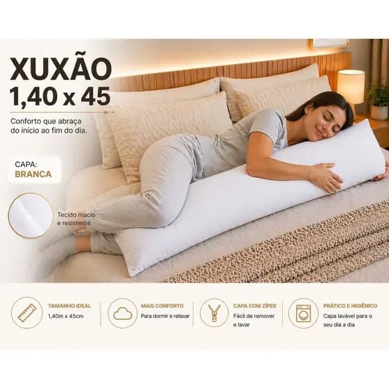 Travesseiro De Corpo Xuxão + Fronha com Ziper Oxford e Fibra Silicone Anti-Alérgico