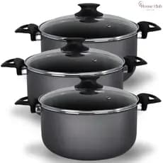 Kit 3 Peças Panelas Caçarolas 16, 18 e 20 cm Antiaderente 5 Camadas de Teflon com Tampa de Vidro Cor Preto Grafite