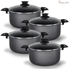 Jogo de Panelas Caçarolas Premium: 4 Tamanhos 16, 18, 20 e 22 cm Com Antiaderente e Tampas de Vidro - Cor Preto Grafite