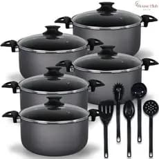 Jogo De Panelas Plus 10 Peças - O Queridinho Caçarolas 16 a 24 cm Antiaderente Teflon com Tampa de Vidro Preto Grafite