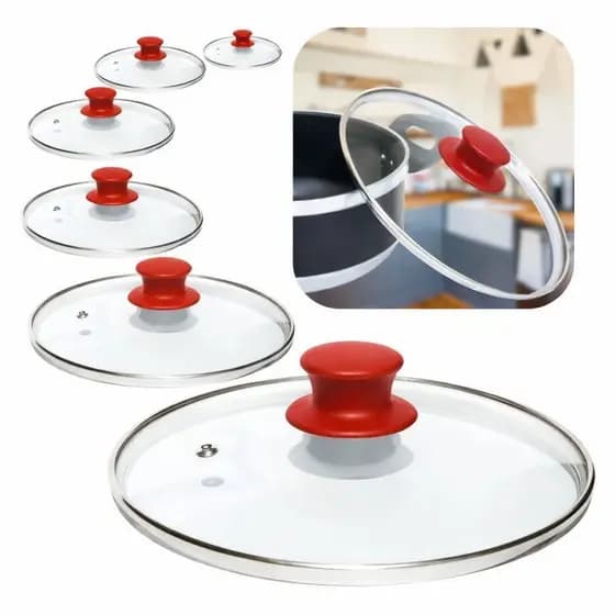 Kit 5 Tampas de Vidro Temperado para Panelas 14,16,18,20,22cm.Pomel Vermelho/Jogo 5 Peças Universal