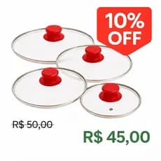 🔥Kit 4 Tampas Vidro Temperado para Panelas 20/22/24/26cm – Bordas Inox, Puxador Vermelho, Resistente e Fácil Limpeza!🔥