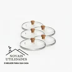 Kit 5 Tampas de Vidro Temperado para Panelas 14,16,18,20,22cm.Pomel Madeira/Jogo 5 Peças Universal