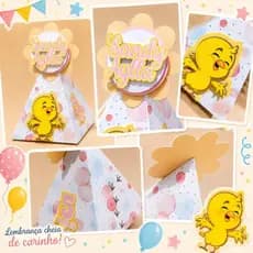 Caixa Pirâmide Personalizada com apliques 3D – Pintinho Amarelinho | Lembrancinha Festa Infantil Menina