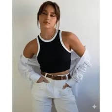 Regata Feminina Cropped Bicolor Canelado Premium Blogueira Verão Alça Larga Tendência Justinha Não Transparente