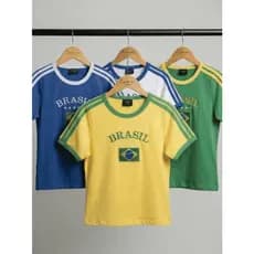 Camisa Brasil Bordada Retro Gringa Feminina Baby Tee Algodão Toque Macio Brazilcore Copa 2026 Y2K Vintage